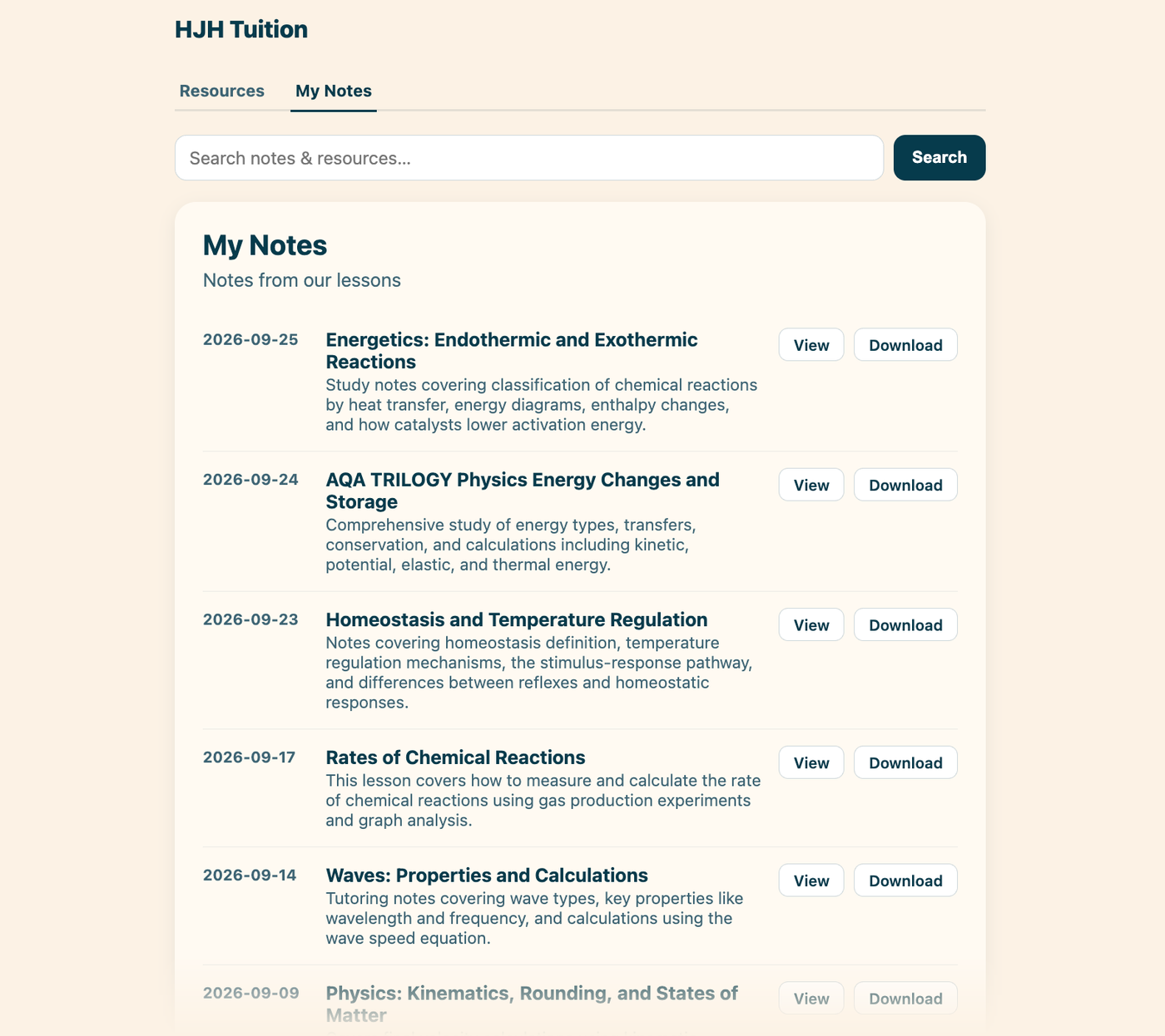 Student portal My Notes tab listing notes from each lesson